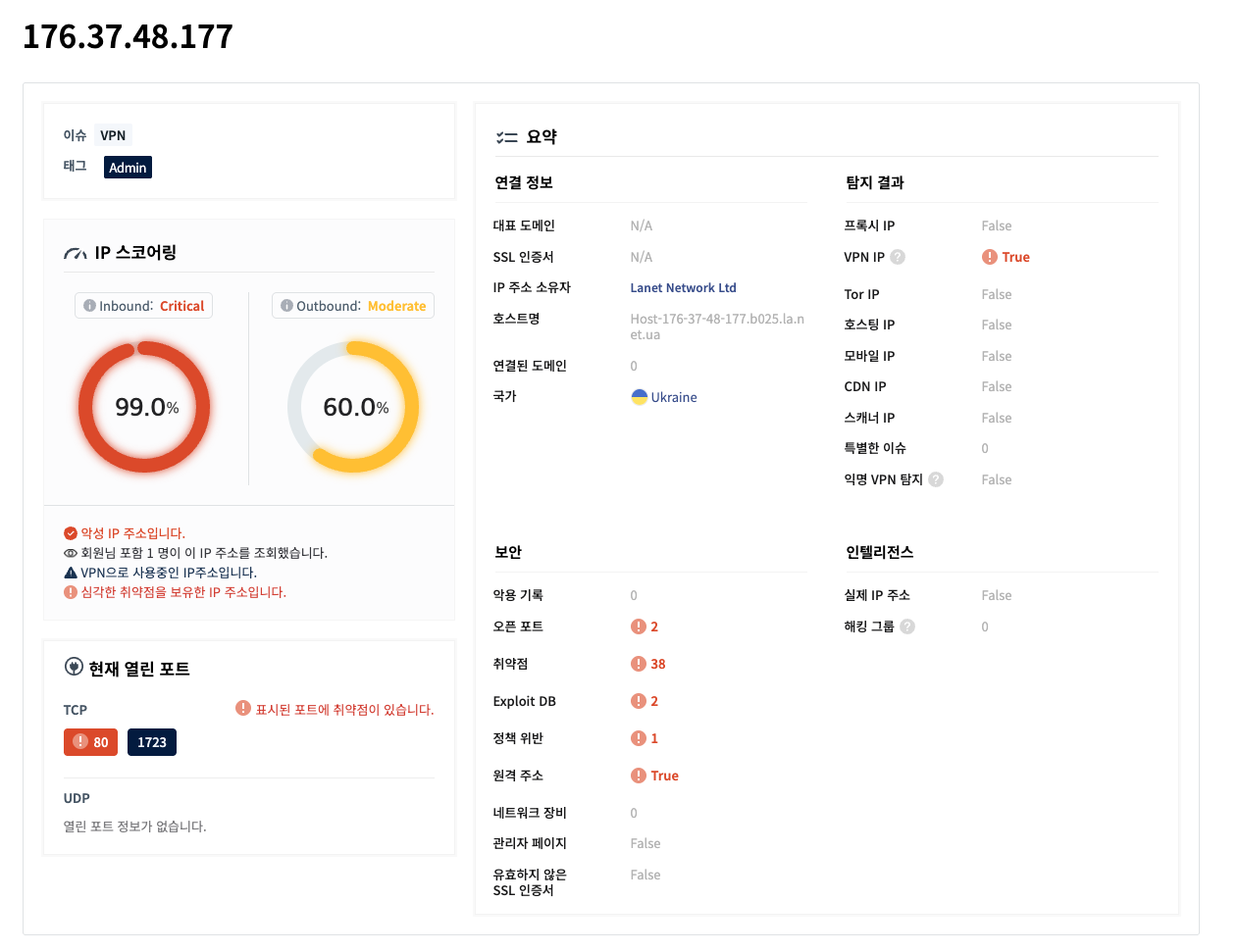 WiSDOM Portable Lab IP / Domain 위협 탐지 화면 2